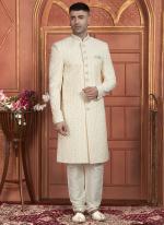 Dhupion Art Silk Cream Wedding Wear Thread Work Readymade Sherwani